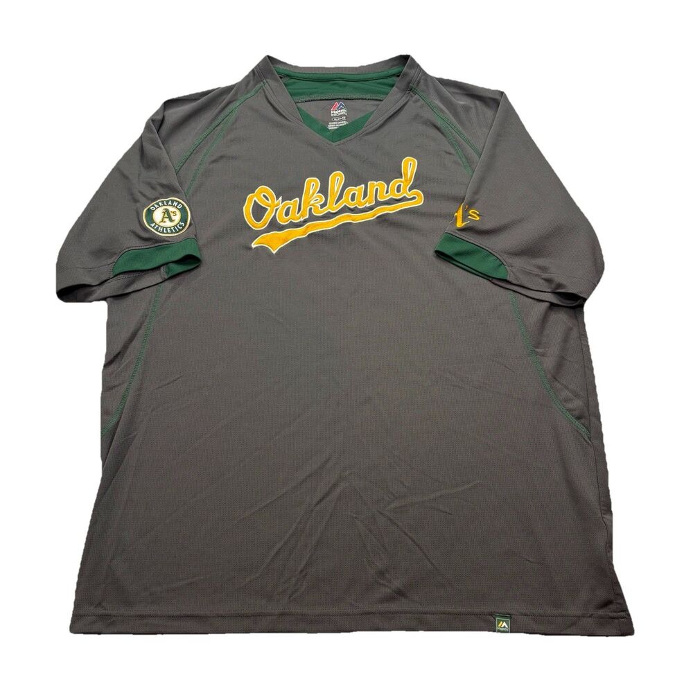 Majestic Oakland Athletics MLB Jersey Mens XL Gray V-Neck Green Gold Logo